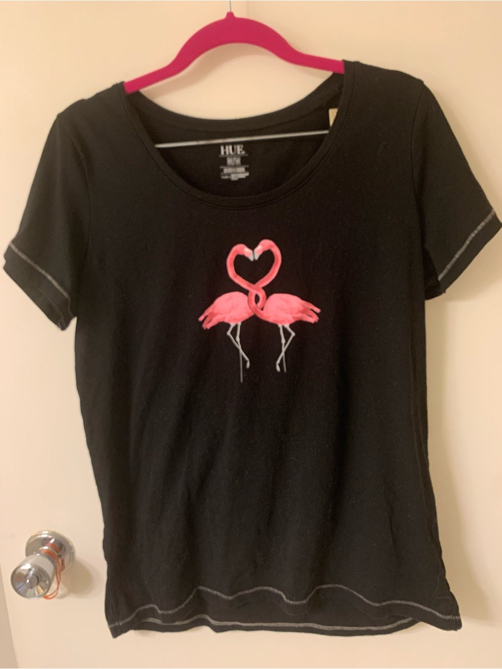 HUE Women’s Black Tee With Pink Flamingos
